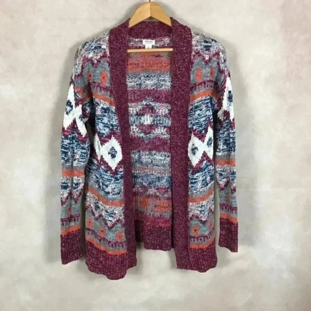 MOSSIMO Tribal Pattern Burgundy Cardigan Size SMALL